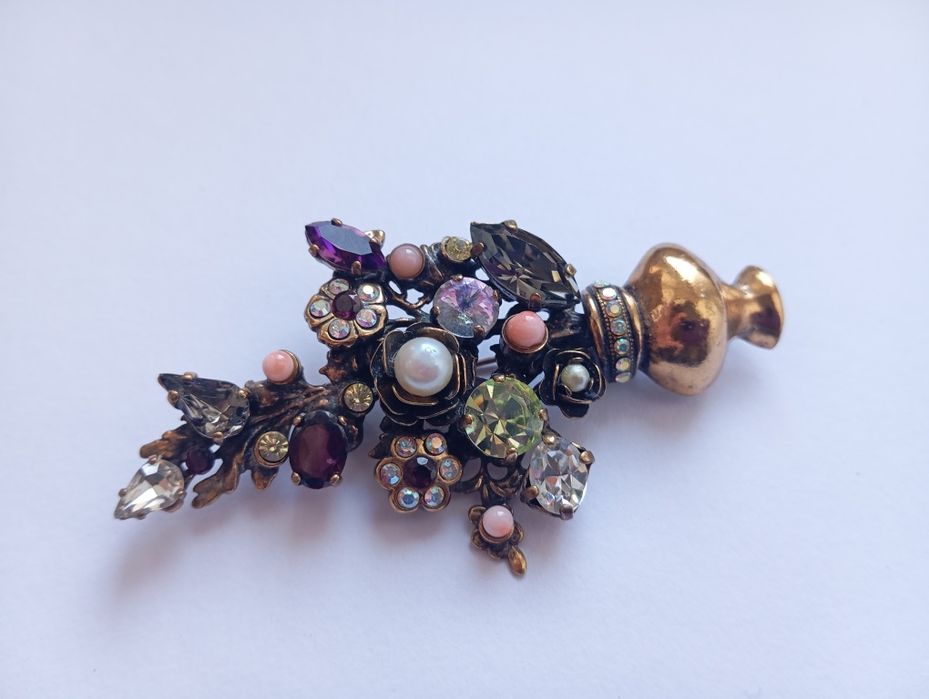 Брошь  Букет Alcozer & J, Италия , позолота, коралл, рубин, стразы.