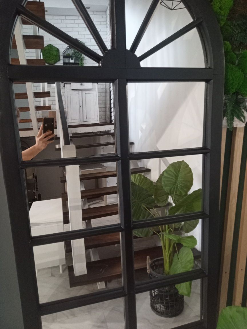 Lustro loft drewniane stare okno rama czarne Boho łuk