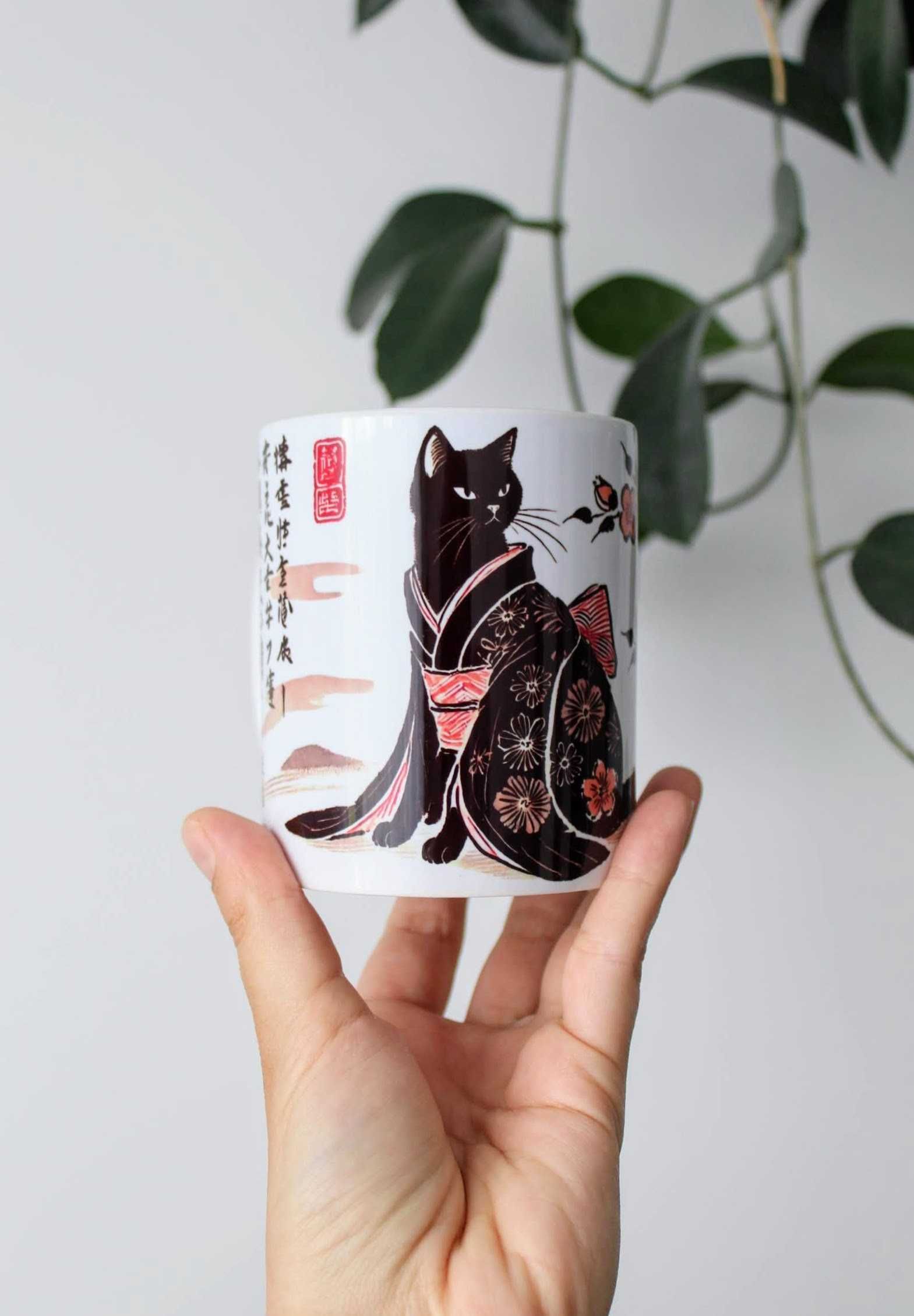 Kubek z kotkiem w kimonie, Kot kimono, japoński czarny kotek, 330ml