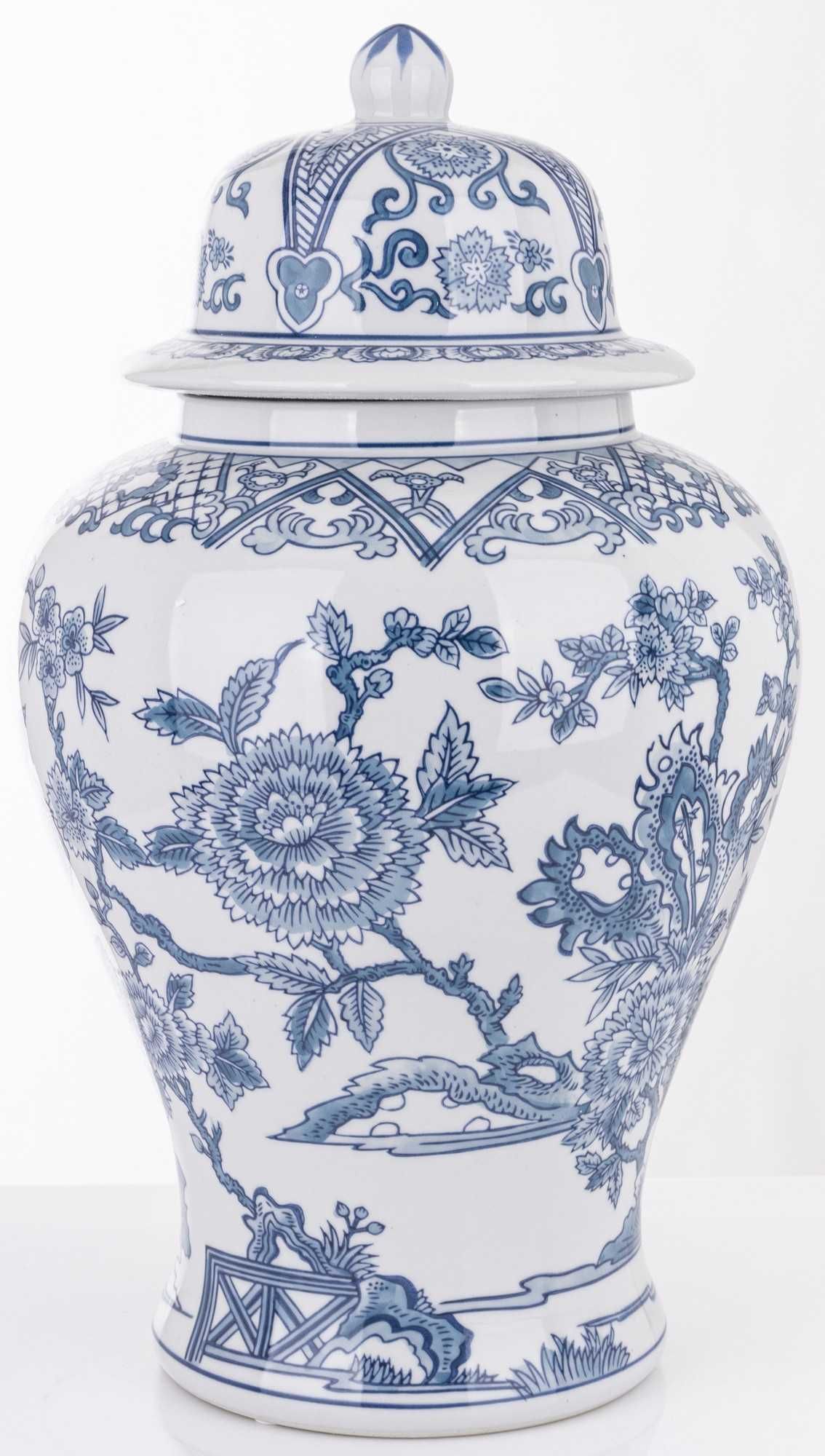 Wysoki biały niebieski pojemnik ceramiczna amfora z przykrywką 166472