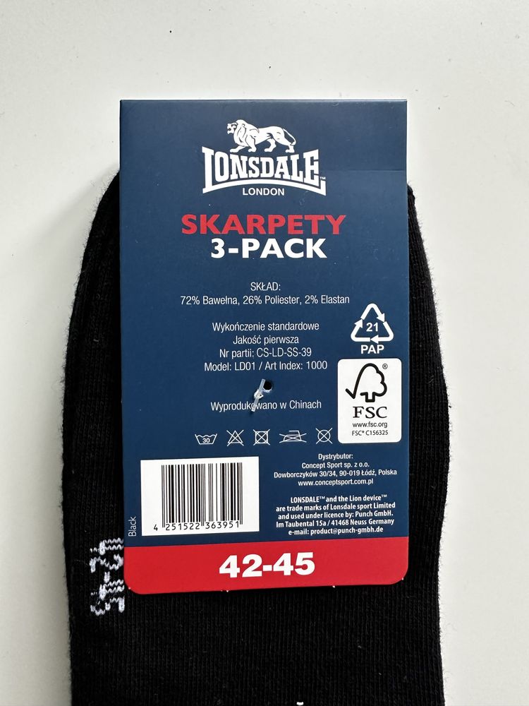 Skarpetki Lonsdale 3-pak 42-45 czarne.