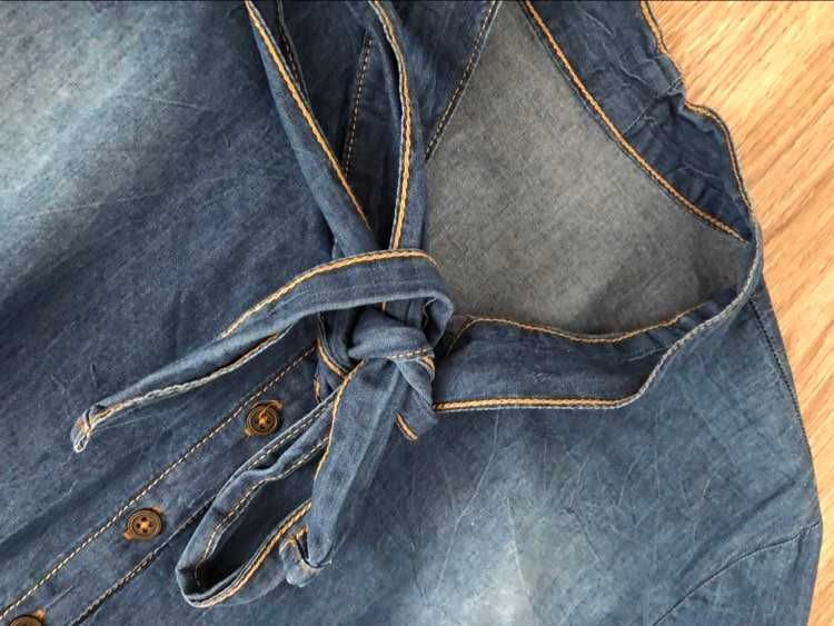 Sukienka jeansowa Megi L, zapinana na guziki, wiązana pod szyją