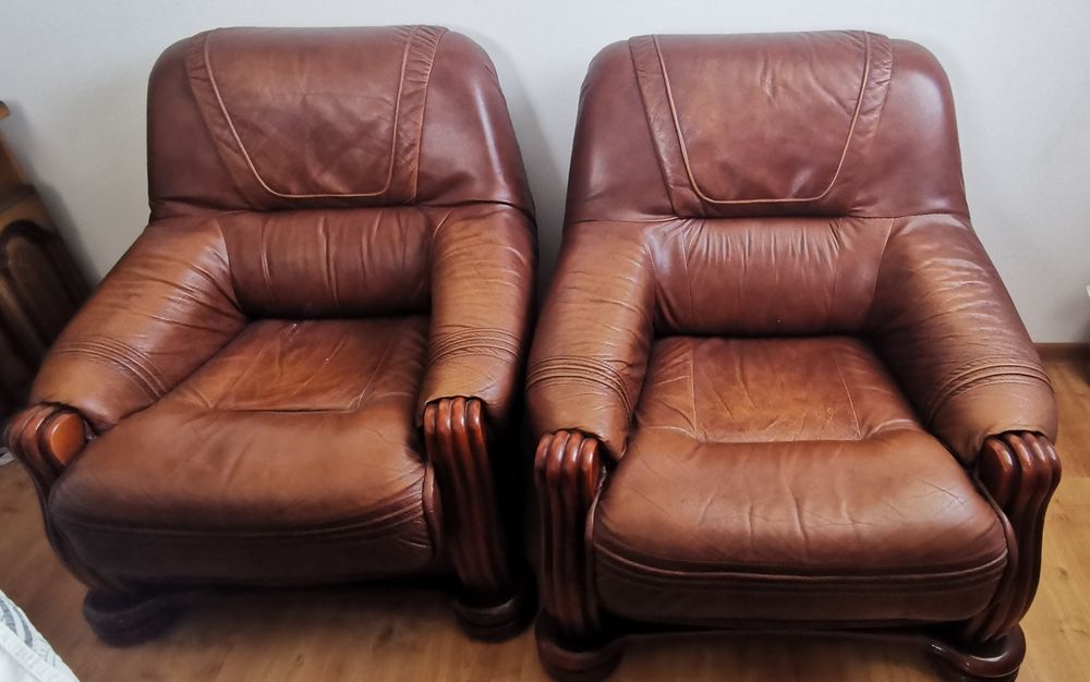 Drewniane meble vintage + skórzany zestaw kolekcji Kler