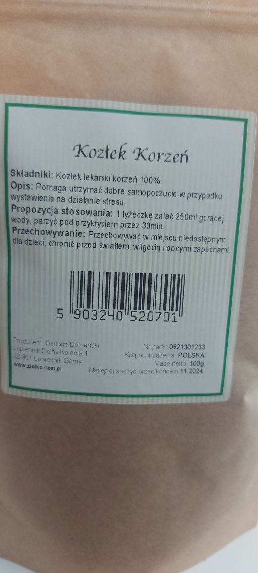 Kozłek korzeń 100g obniza poziom lęku, stres, dobre samopoczucie