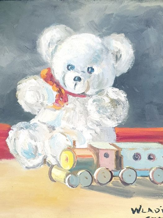 Amorosa pintura "urso teddy" em óleo sobre tela - assinada