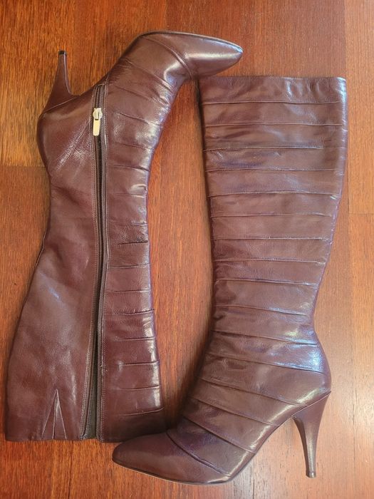 Kozaki brązowe skórzane na obcasie