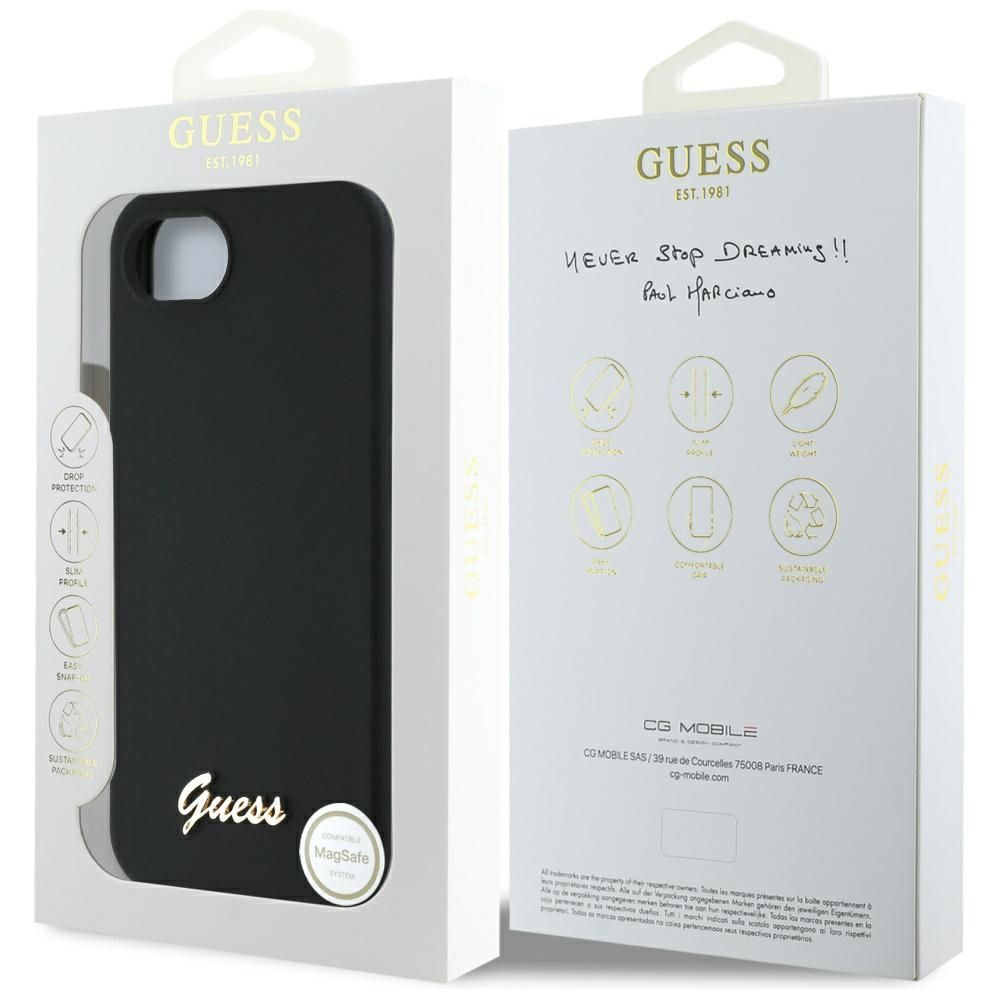 Etui Guess Silicone Script Metal Logo    MagSafe do iPhone 16e czarny