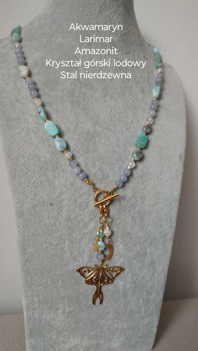 Naszyjnik larimar, akwamaryn, amazonit, kryształ górski