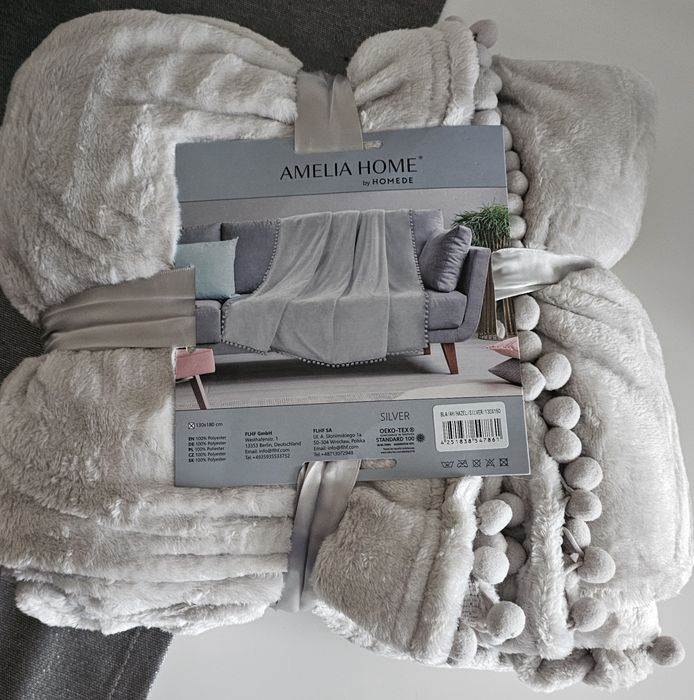 AMELIA HOME Koc z pomponami szary 130x180 Nowy