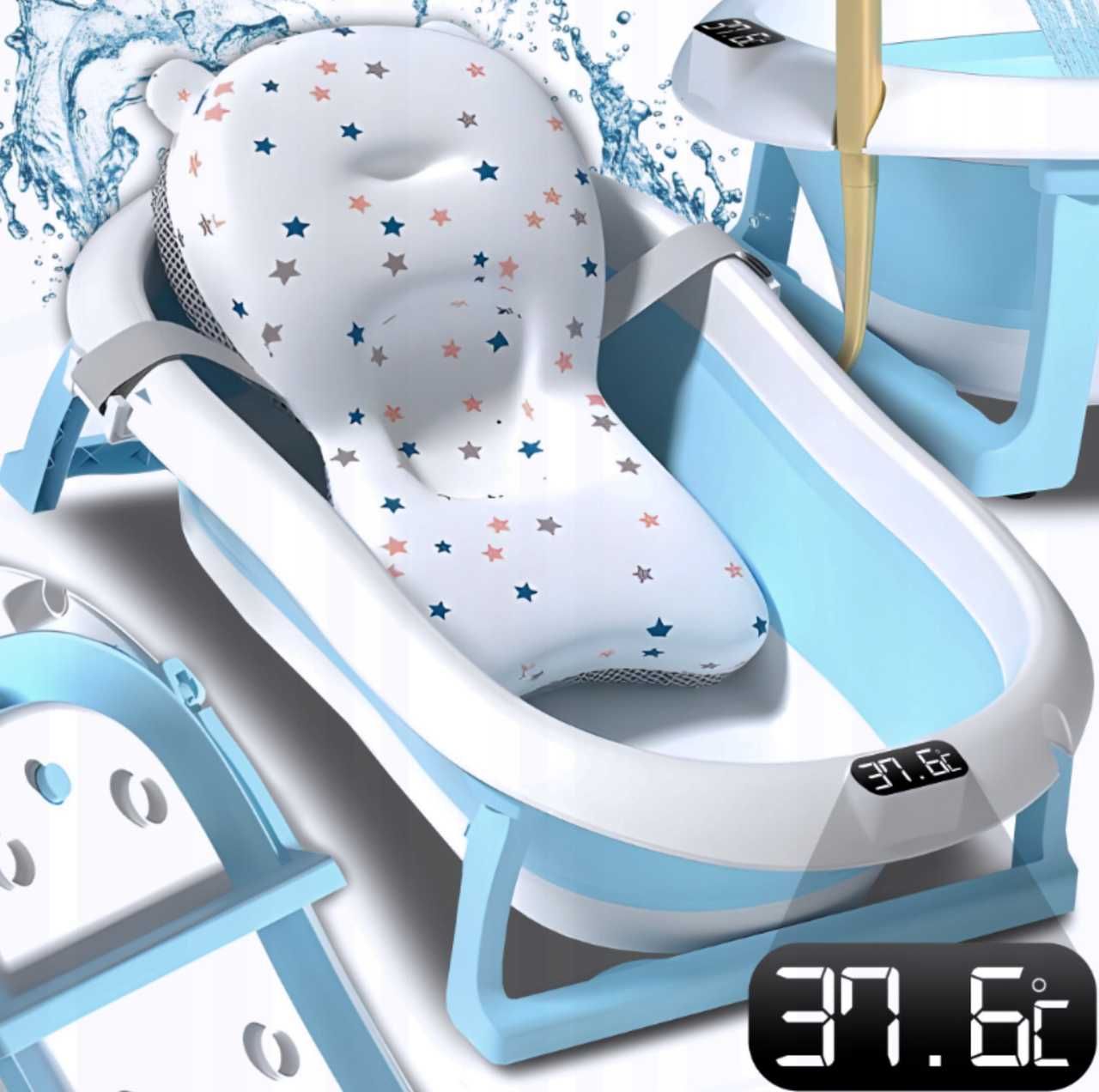 Детская ванночка для купания с термометром и подушкой голубая