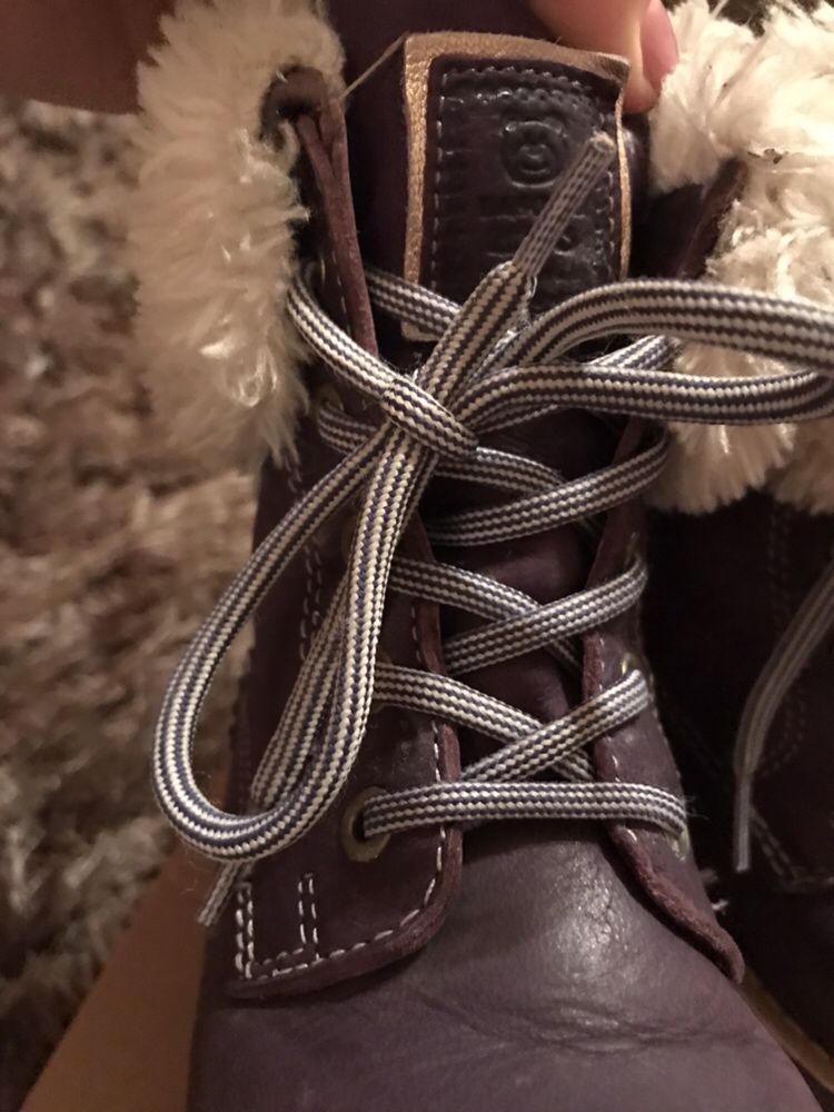Śliwkowe buty zimowe trapery 25 skóra skórzane lasocki z misiem