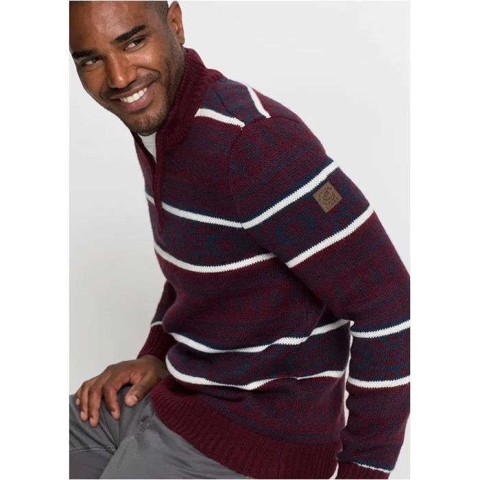 Bonprix Sweter Półgolf Bordowy Wzór Paski Zamek Długi Rękaw S/M 44-46