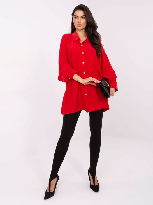 Koszula damska czerwona długa oversize z ozdobnymi guzikami