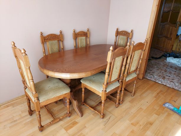 Stół dębowy rozkładany i 6 krzeseł