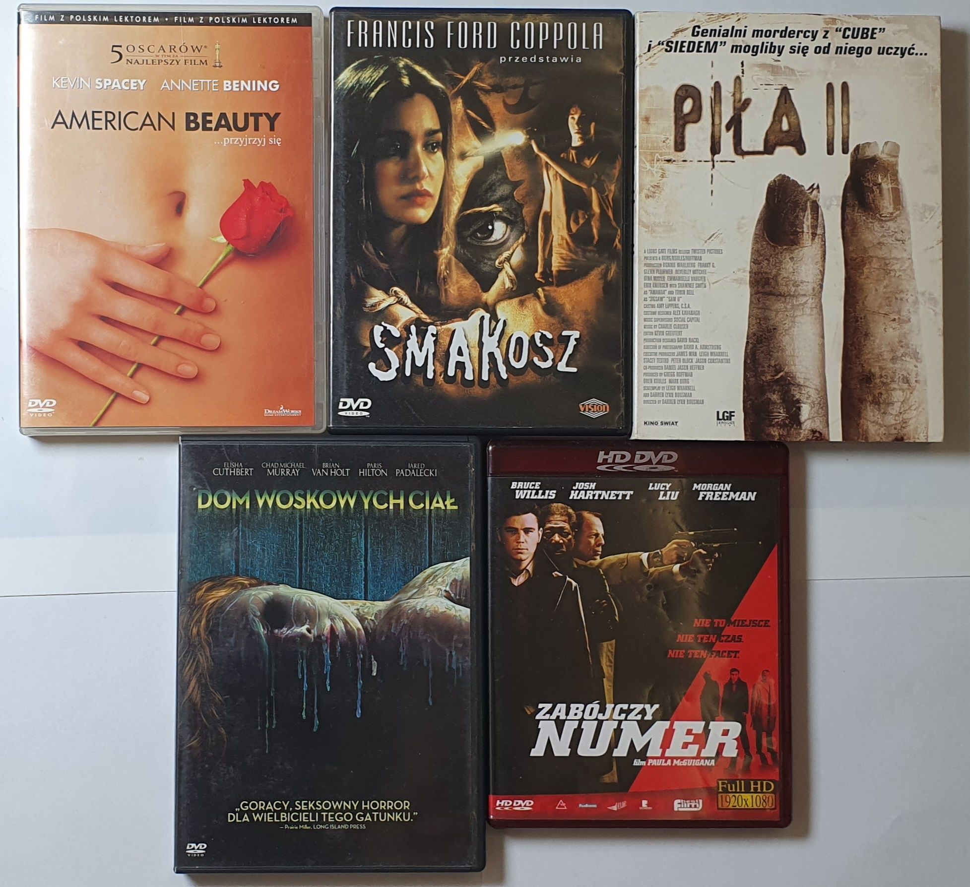 Zestaw 5 filmów DVD + HDDVD "Smakosz" "Dom Woskowych Ciał" "Piła 2"...