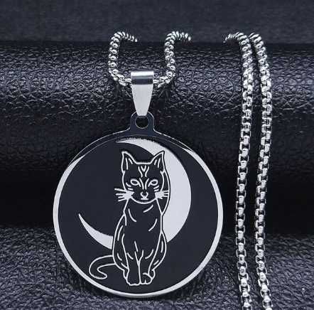 Naszyjnik amulet DUŻY KOT KSIĘŻYC gotyk SREBRNO - CZARNY na prezent