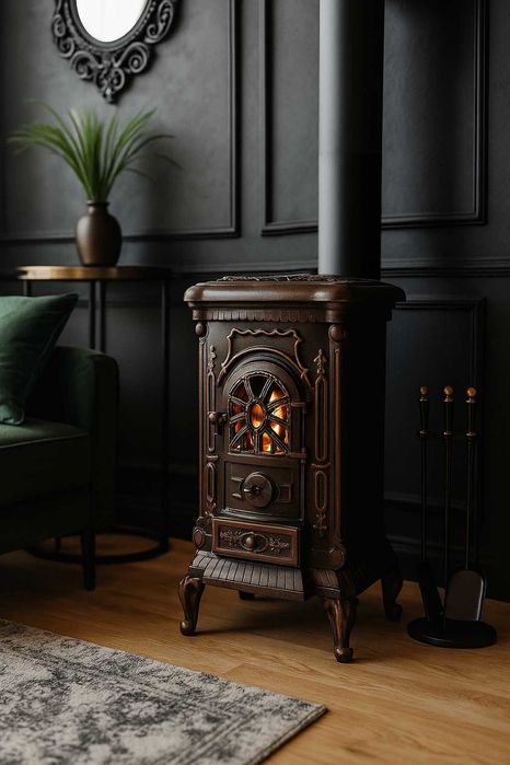 Stylowy PIEC ŻELIWNY wolnostojący KOMINEK 9 kW INGRID ZŁOTY 2 ściany