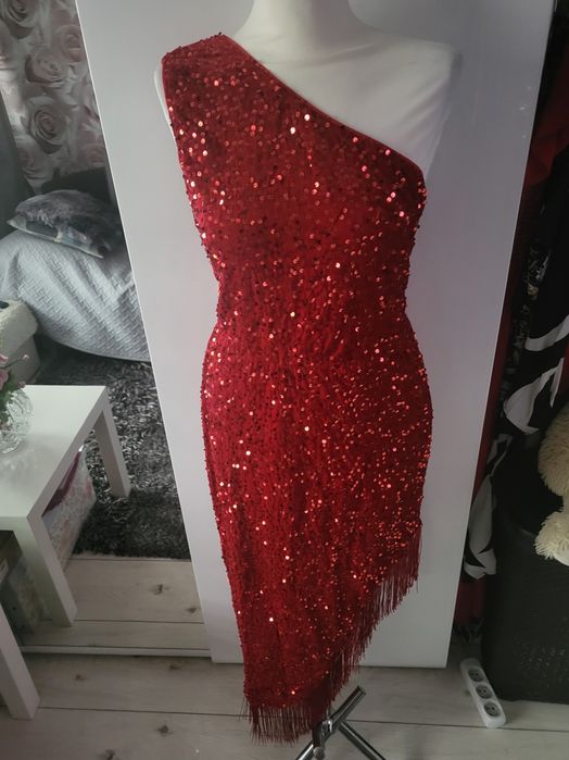Czerwona cekinowa sukienka asymetryczna na jedno ramię XL-XXL