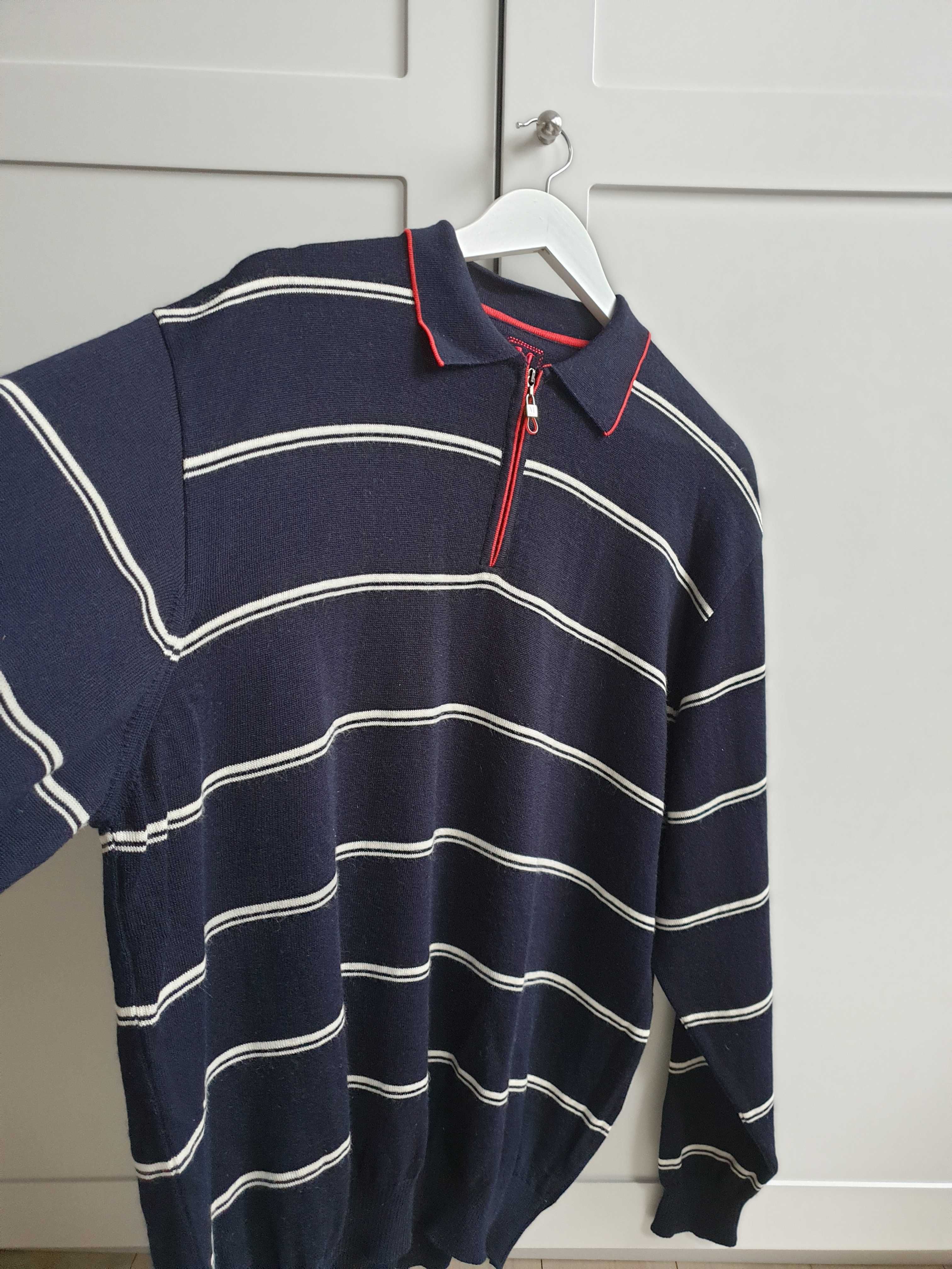 Granatowy sweter wełniany w paski merino Marz polo 3XL XXL