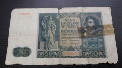 G, starocie wyprzedaż banknot pieniądz 50 zł złoty 1941 seria A