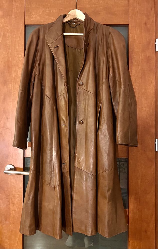 Piękny skórzany płaszcz,  vintage, skóra, brązowy, kurtka, retro