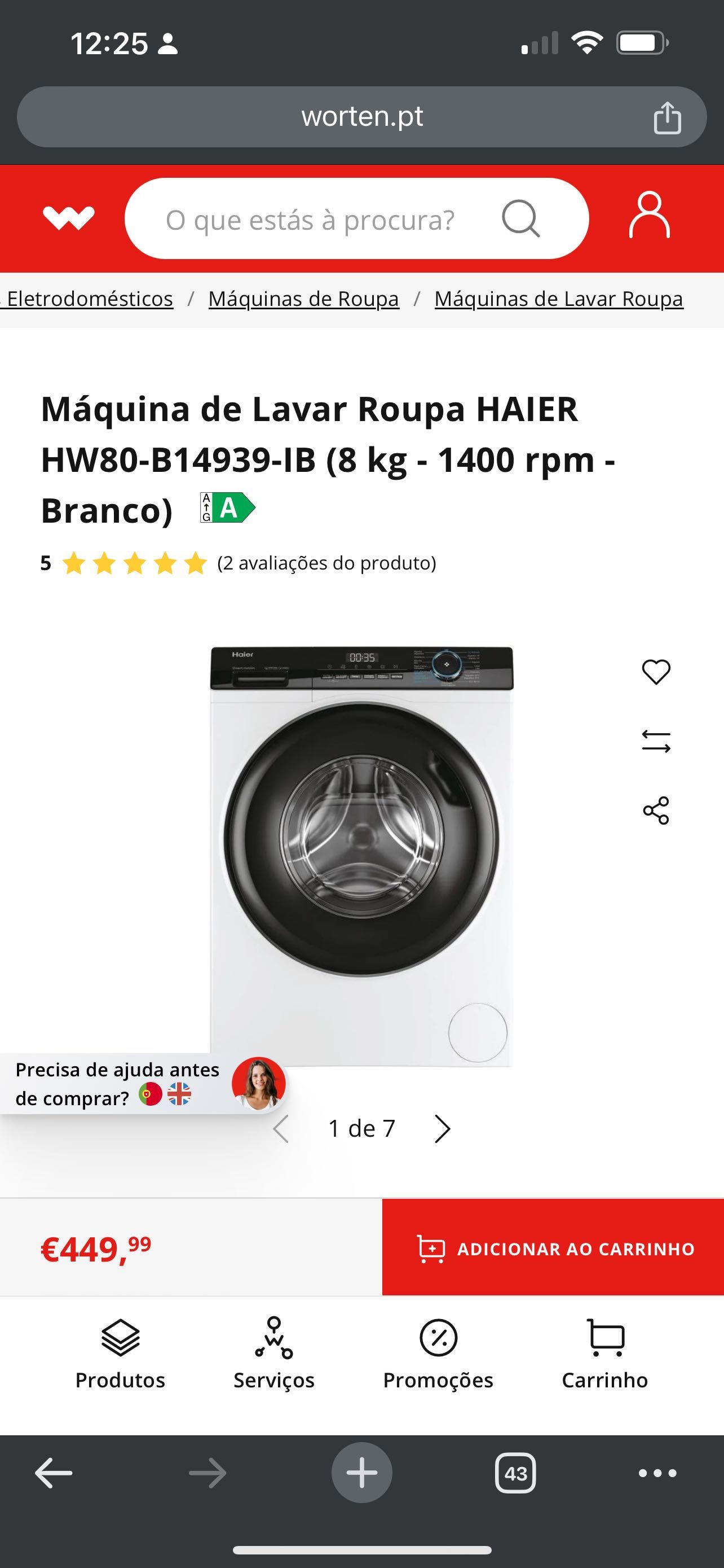 Máquina de Lavar Roupa HAIER HW80-B14939-IB (8 kg - 1400 rpm - Branco)