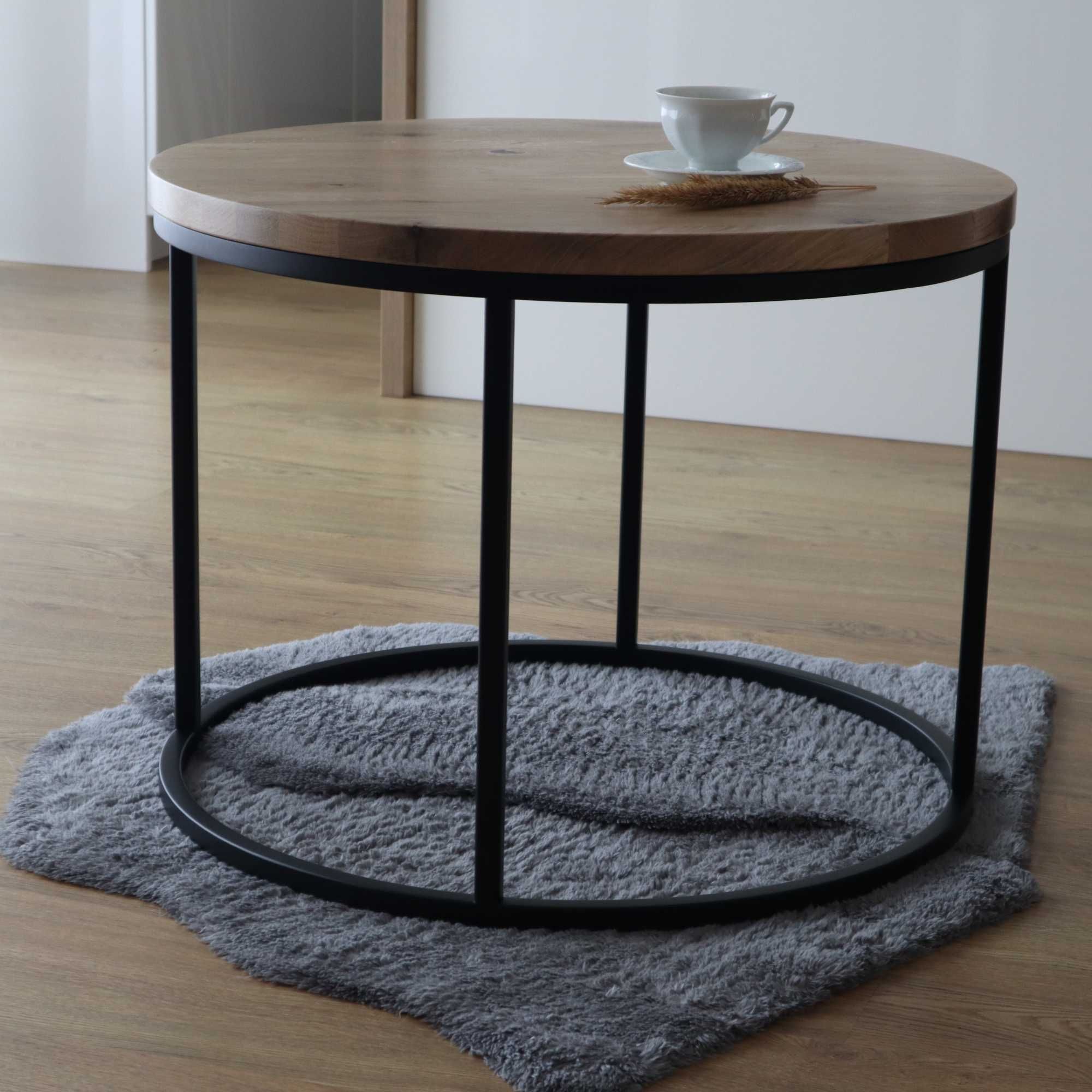 Stolik Kawowy Okrągły Ława 70 Stal Loft Drewno Naturalne Dąb