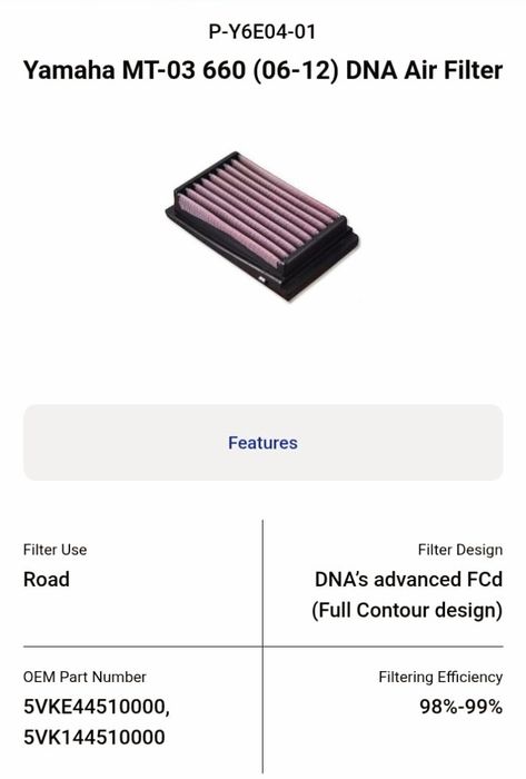 Filtro de Ar DNA para Yamaha MT-03 (660 cc)