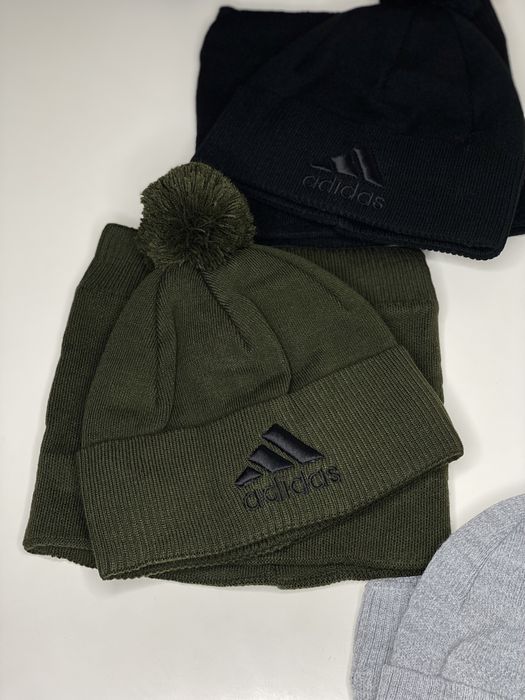 Мужская ШАПКА+БАФ ADIDAS з помпоном на флисе Зимний комплект утепленны