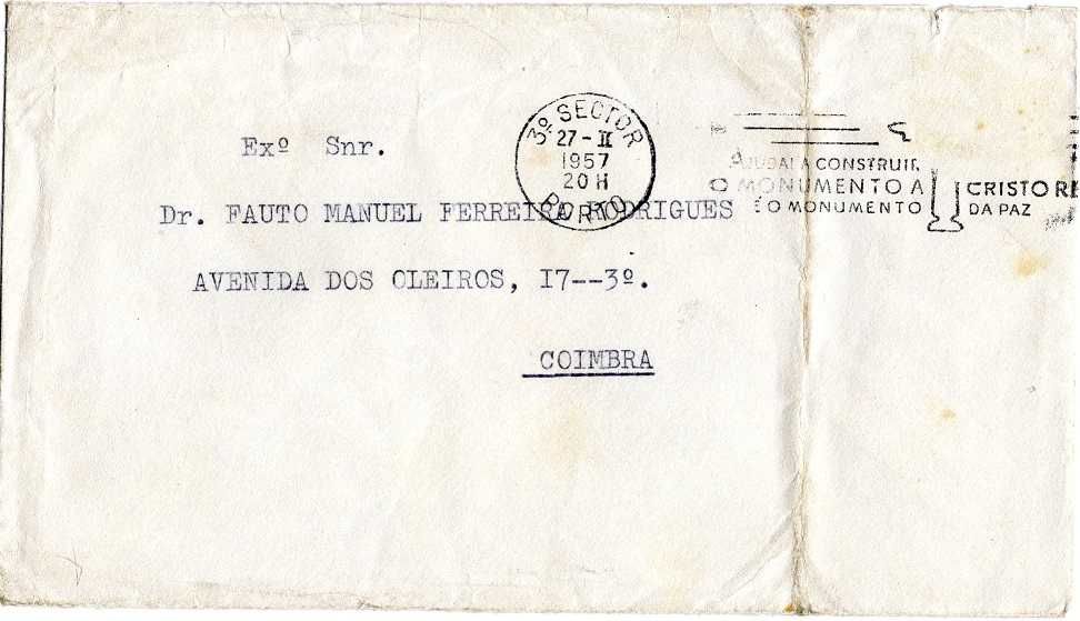 Portugal - 1957fev27 = Carimbo Ajudai Construir Monumento Cristo Rei