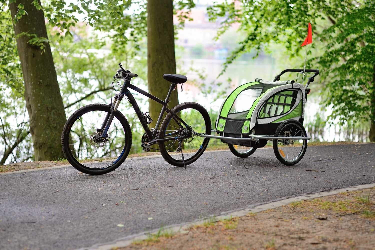 Przyczepka rowerowa z amortyzatorem 2-osobowa +JOGGER zielona
