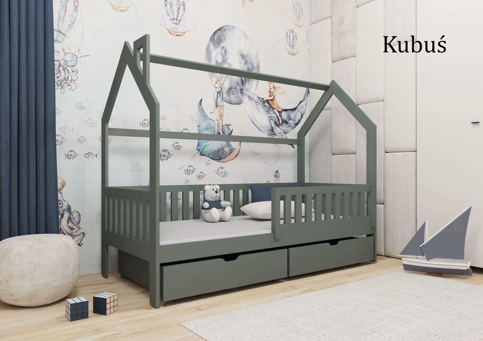 Łóżko dziecięce 160 x 80 Drewniane Domek Materac Szuflada