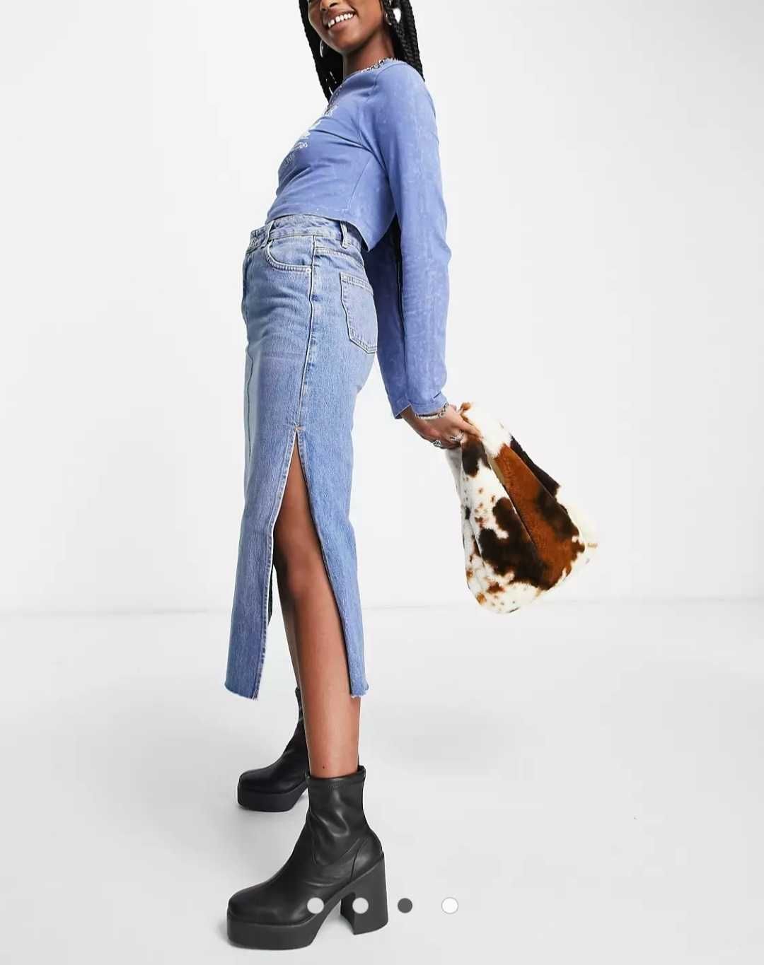 Стильная джинсовая юбка миди с разрезомы по бокам topshop