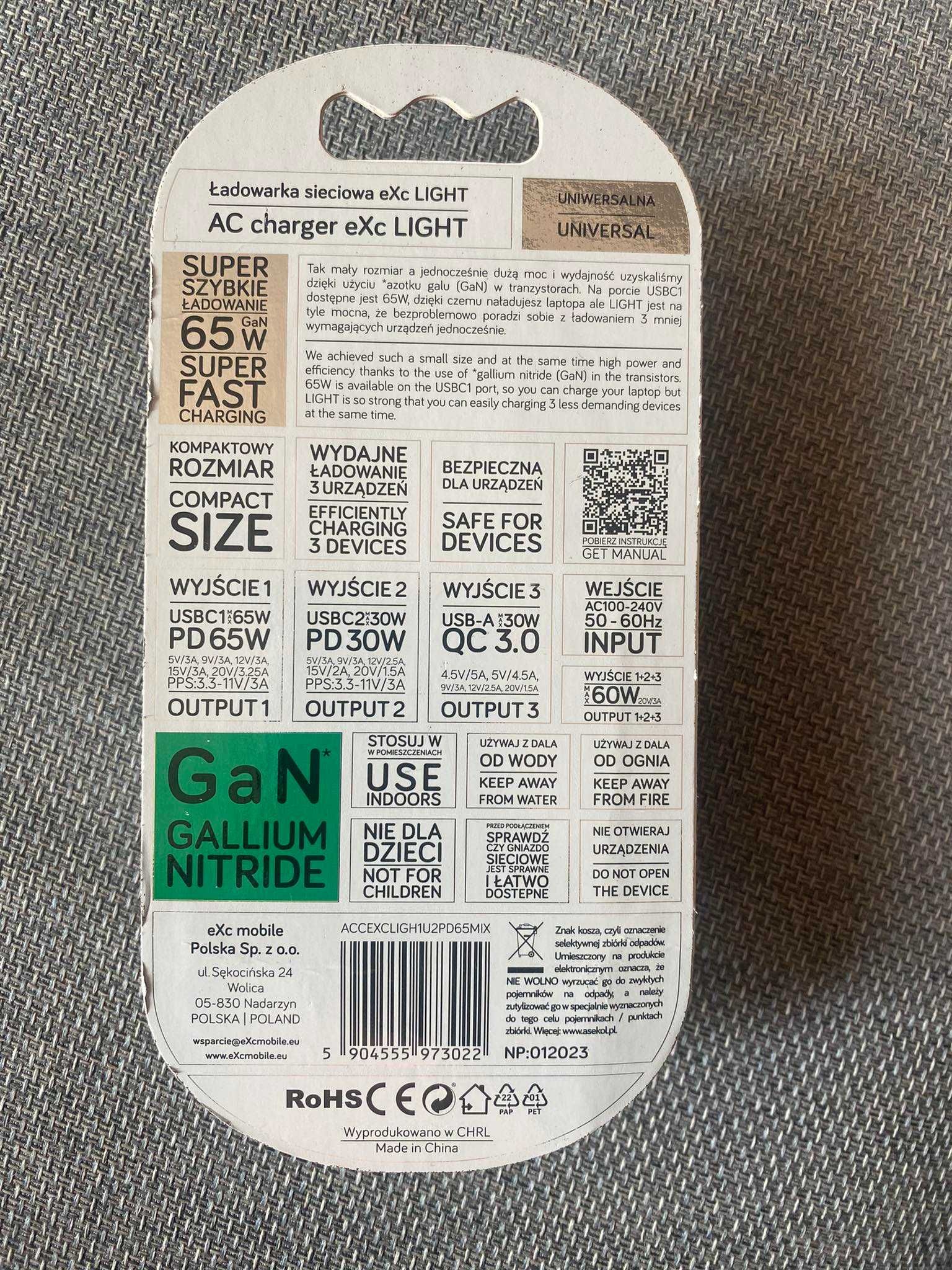 Ładowarka sieciowa eXc LIGHT 65W czarny