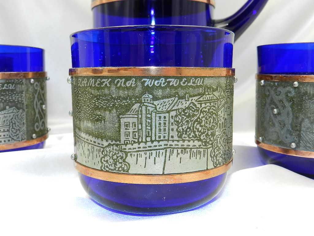 Kobaltowy okuwany zestaw do napojów KRAKÓW Huta Hortensja lata 70-80te