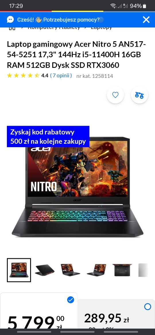 Laptop 17 cali . RTX 3060 gamingowyh acer nitro an517-54