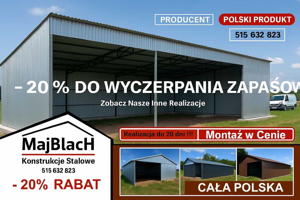 OTWARTY Duży Dwuspadowy Garaż Blaszany MAGAZYN - Hala  - Maj-Blach