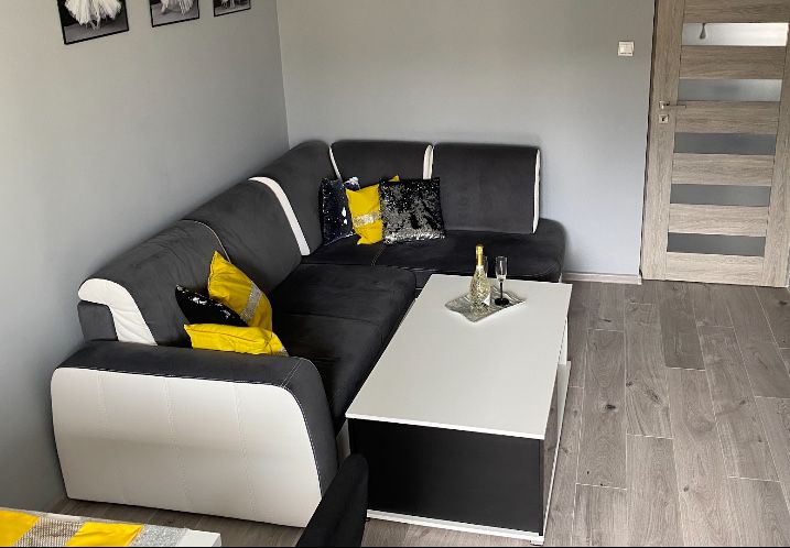 Szary naroznik sofa Nessi Agata Meble funkcja spania pojemniki