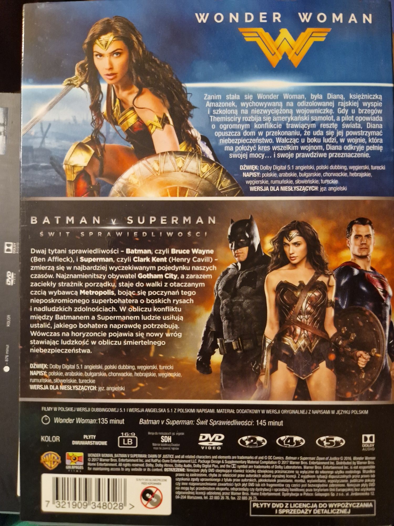 Pakiet 2 filmów DVD, wonder woman oraz batman v superman świt