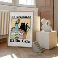 Obraz Na Płótnie Kot Z Kawą Do Kuchni 60x40 "Un Croissant, Et Un Cafe"