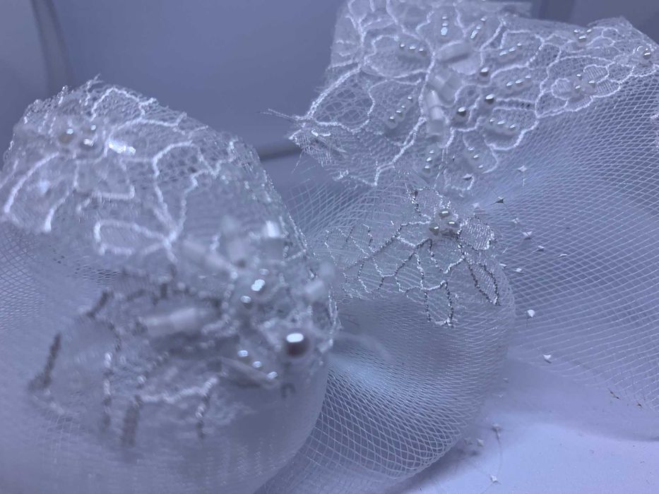 Nowa Tiulowa Kokarda Koronka Opaska Ślub Rękodzieło Perły Diadem  Art