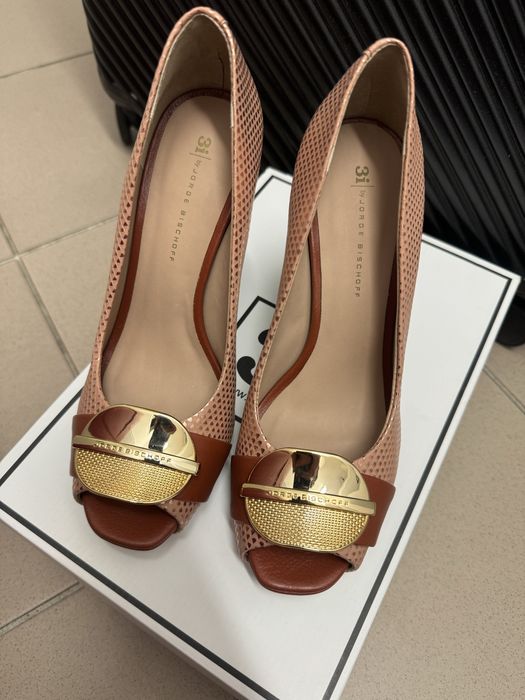 Buty koturny bezowe zlote 3i czółenka JORGE BISCHOFF
