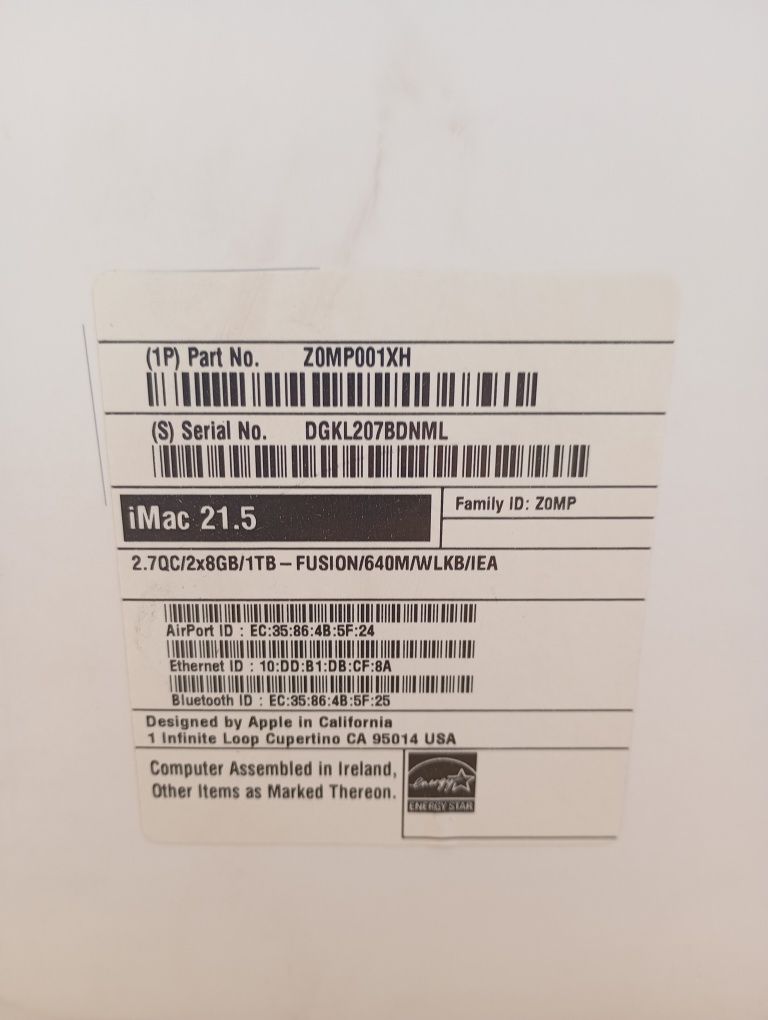 iMac 21.5 8GB ram 1TB 2015