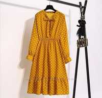 Жовта гірчична сукня плаття в горошок на запах з воланами з поясом