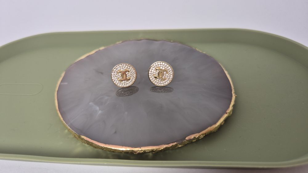 Nowe złote kolczyki typu Chanel,okrągłe, wkręty,białe cyrkonie,585