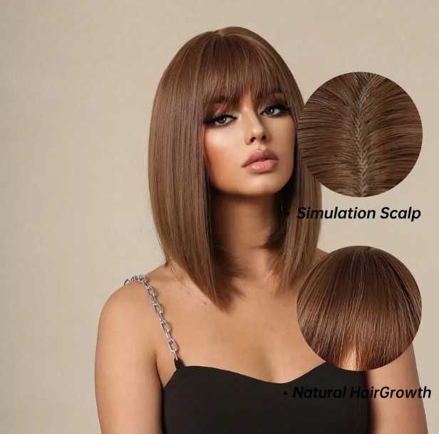 Peruka damska włosy brązowe proste dłuższy bob Wysyłka 24h PL