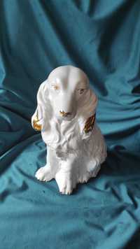 Stara porcelana 27cm/19 cm duża figura psa Wyjątkowa biało-złota ideał