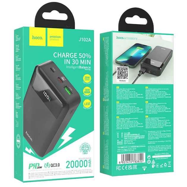 Павербанк з шкидкою зарядкою Hoco J102A  20000mAh PD20W+QC3.0 Чорний