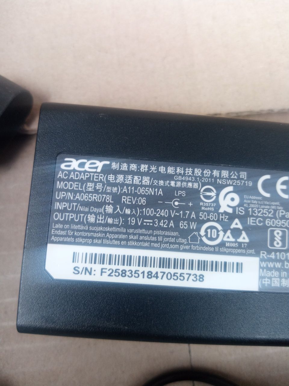 Acer  5.5 * 1.7 65w 19V 3.42А  Оригінал Блок питания живлення