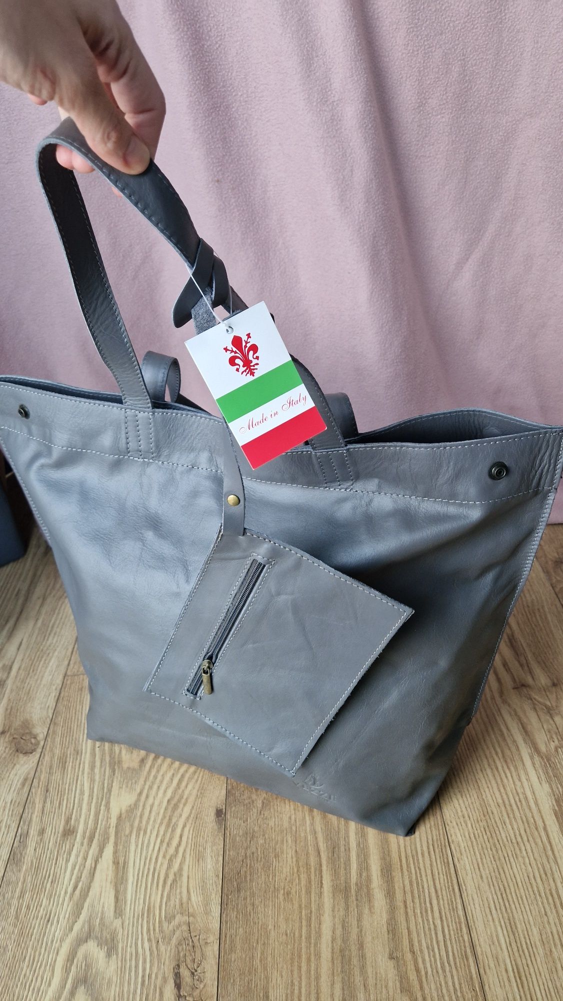 Torebka duza shopperka miękka skóra vera pelle szara